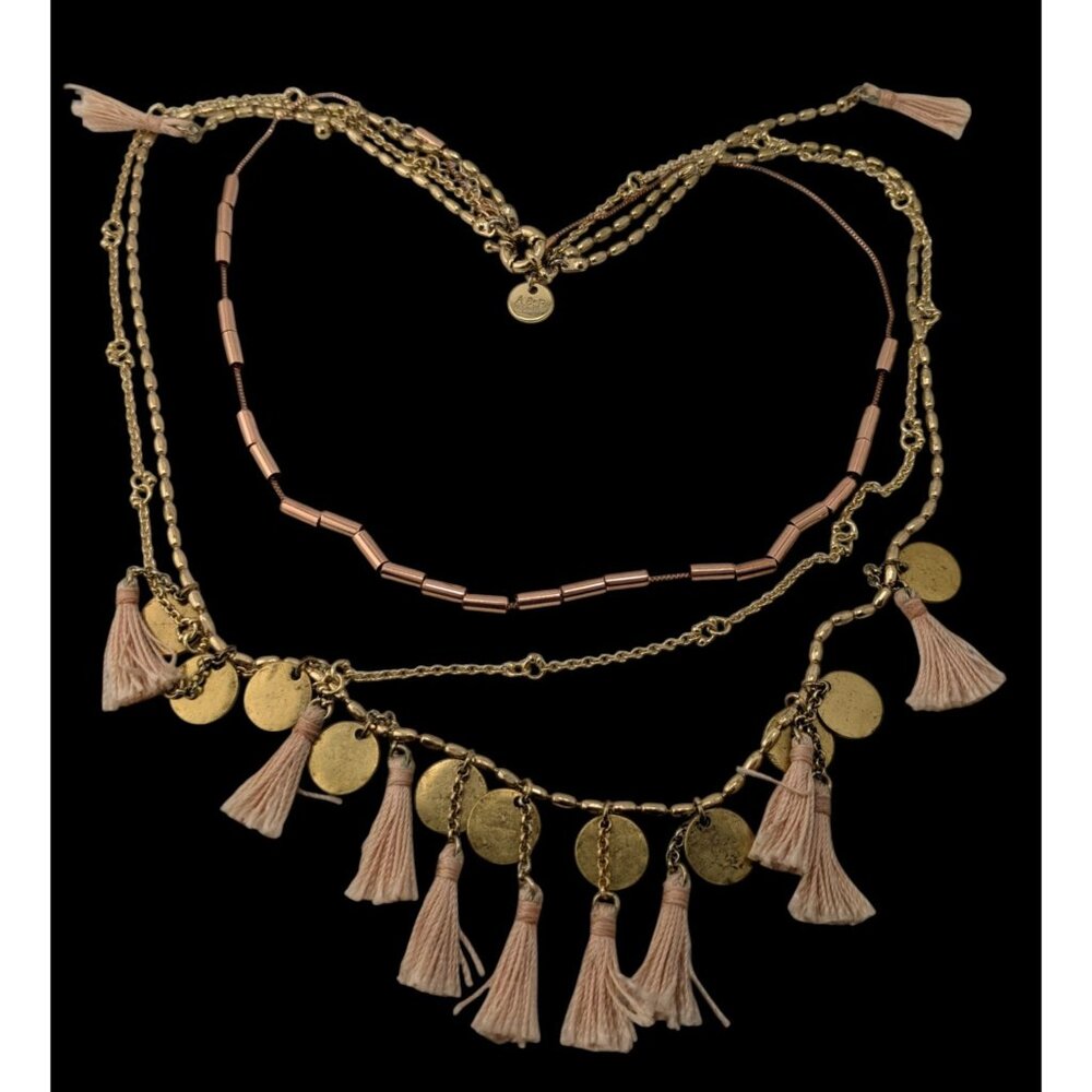 Abercrombie & Fitch Preppy Bohemian Gold-Toned Multi-Layer Necklace With Pink Ta - Picture 2 of 5